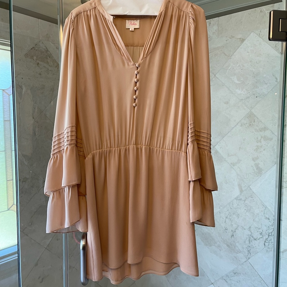 Parker silk double flare bell sleeve mini dress pink M 4 6 mauve long sleeve